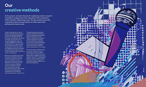 Abstract digital artwork with a stylized microphone, geometric shapes, and colorful brushstrokes. Text on the left discusses creative research methods, set against a dynamic blue-toned background.