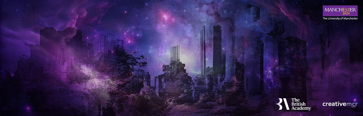 Ruins of ancient stone structures and columns silhouetted against a vivid purple and blue galaxy sky filled with stars and nebulae.